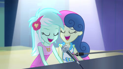 Size: 3072x1727 | Tagged: safe, derpibooru import, screencap, bon bon, lyra heartstrings, sweetie drops, human, equestria girls, rainbow rocks, duo, duo female, eyebrows, eyes closed, female, microphone, microphone stand, musical instrument, open mouth, open smile, piano, raised eyebrow, smiling