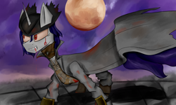 Size: 3500x2100 | Tagged: safe, artist:desperius, derpibooru import, pony, unicorn, blood, blood moon, bloodborne, clothes, crossover, moon, simple background, sky background, video game crossover