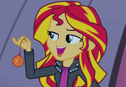 Size: 1551x1076 | Tagged: safe, derpibooru import, edit, edited screencap, screencap, sunset shimmer, human, equestria girls, rainbow rocks, cute, female, food, hypnosis, hypnotic, hypnotist, open mouth, open smile, pendulum swing, smiling, sunset