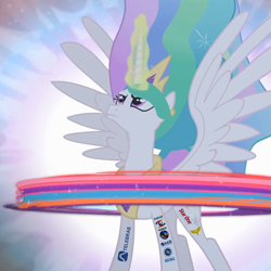 Size: 1080x1080 | Tagged: safe, derpibooru import, edit, edited screencap, screencap, princess celestia, alicorn, pony, princess twilight sparkle (episode), season 4, brasilsat, brazilian air force, brazilian space agency, castle, castle of the royal pony sisters, element of generosity, element of honesty, element of kindness, element of laughter, element of loyalty, element of magic, elements of harmony, embratel, female, flashback, globosat, glowing, magic, mare, organizações globo, rede globo, rocketia, spread wings, telebras, wings