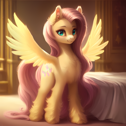 Size: 3072x3072 | Tagged: safe, ai content, derpibooru import, edit, machine learning generated, fluttershy, pegasus, pony, chest fluff, cute, ear fluff, ears, female, fluffy, long mane, looking at you, mare, smiling, smiling at you, solo, spread wings