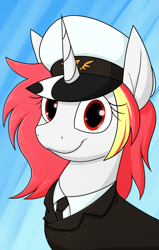 Size: 1461x2292 | Tagged: safe, artist:moonatik, derpibooru import, oc, oc only, oc:lazy sunday, unicorn, equestria at war mod, admiral, bust, female, hat, horn, mare, necktie, peaked cap, portrait, solo, unicorn oc