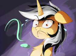 Size: 1552x1143 | Tagged: safe, artist:行豹cheetahspeed, derpibooru import, oc, oc only, oc:autumn trace, unicorn, black and white mane, facial expressions, horn, orange eyes, purple background, question mark, shocked, simple background, yellow skin