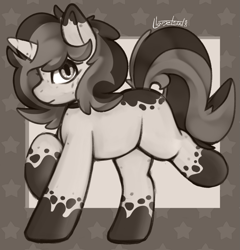 Size: 1001x1042 | Tagged: safe, artist:llametsul, derpibooru import, oc, oc:creme cookie, pony, unicorn, female, mare, monochrome, signature, solo