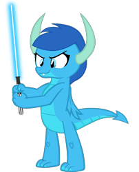 Size: 5225x6481 | Tagged: safe, artist:ponygamer2020, derpibooru import, oc, oc only, oc:frosty, oc:frosty the dragon, dragon, absurd resolution, dragoness, female, horn, ice dragon, jedi, lightsaber, male, may the fourth be with you, simple background, solo, star wars, tail, teenaged dragon, transparent background, vector, weapon, wings