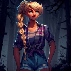 Size: 900x900 | Tagged: safe, ai content, derpibooru import, generator:stable diffusion, machine learning generated, applejack, human, equestria girls, legend of everfree, braid, clothes, denim, denim shorts, female, forest, humanized, night, shirt, shorts, solo, standing