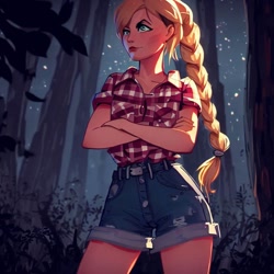 Size: 900x900 | Tagged: safe, ai content, derpibooru import, generator:stable diffusion, machine learning generated, applejack, human, equestria girls, legend of everfree, braid, clothes, crossed arms, denim, denim shorts, female, forest, humanized, night, shirt, shorts, solo, standing