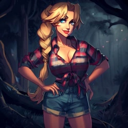 Size: 900x900 | Tagged: safe, ai content, derpibooru import, generator:stable diffusion, machine learning generated, applejack, human, equestria girls, legend of everfree, applerack, big breasts, braid, breasts, cleavage, clothes, denim, denim shorts, female, forest, hand on hip, humanized, night, shirt, shorts, solo, standing, wrong eye color