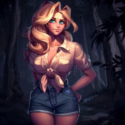 Size: 900x900 | Tagged: safe, ai content, derpibooru import, generator:stable diffusion, machine learning generated, applejack, human, equestria girls, legend of everfree, applerack, big breasts, breasts, clothes, denim, denim shorts, female, forest, hand on hip, humanized, night, shorts, solo, standing