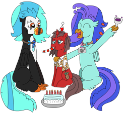 Size: 2669x2405 | Tagged: safe, artist:supahdonarudo, derpibooru import, oc, oc only, oc:icebeak, oc:ironyoshi, oc:sea lilly, classical hippogriff, hippogriff, unicorn, birthday, cake, camera, candle, excited, food, glass, hand on shoulder, hat, jewelry, necklace, noisemaker, party hat, sad, simple background, sitting, transparent background, wine glass