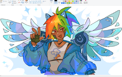 Size: 1474x940 | Tagged: safe, artist:kirbscuit, derpibooru import, rainbow dash, cyborg, human, amputee, artificial wings, augmented, clothes, dark skin, humanized, jacket, ms paint, pony ears, prosthetic limb, prosthetic wing, prosthetics, solo, spread wings, tanktop, wings