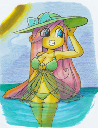 Size: 1350x1770 | Tagged: safe, artist:shadowhawx, derpibooru import, fluttershy, human, equestria girls, belly button, bikini, breasts, cleavage, clothes, eye clipping through hair, female, green bikini, grin, hat, hootershy, legs in the water, partially submerged, sky, smiling, solo, sun, sun hat, swimsuit, traditional art, water