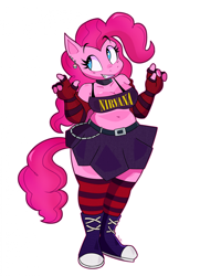 Size: 1634x2254 | Tagged: safe, artist:tysobro, derpibooru import, pinkie pie, anthro, earth pony, plantigrade anthro, belly, belly button, belt, belt buckle, blue eyes, boots, chains, choker, chubby, clothes, collar, converse, curly hair, curly tail, ear piercing, eyebrows, eyelashes, female, fingerless gloves, gloves, goth, grin, halter top, long gloves, midriff, miniskirt, piercing, plump, punk, rock band, shoes, simple background, skirt, skull, smiling, snout, socks, solo, striped gloves, striped socks, tail, text, thigh highs, thigh socks, thighs, thunder thighs, wide hips
