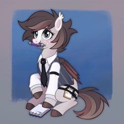 Size: 4381x4368 | Tagged: safe, artist:birdoffnorth, derpibooru import, oc, oc:news flash, bat pony, clothes, dress shirt, female, mare, mouth hold, necktie, notebook, pen, reporter, simple background, sitting, vest