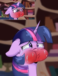 Size: 974x1280 | Tagged: safe, artist:pozya1007, derpibooru import, twilight sparkle, unicorn twilight, pony, unicorn, friendship is magic, cheeks, ears, floppy ears, golden oaks library, puffy cheeks, scene interpretation, screencap reference, solo, sweat, teary eyes