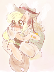 Size: 1213x1624 | Tagged: safe, artist:mimiporcellini, derpibooru import, applejack, earth pony, human, colored sketch, crossover, crossover shipping, duo, hol horse, holjack, human male, interspecies, jojo's bizarre adventure, male, shipping, sketch