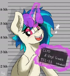 Size: 2228x2430 | Tagged: safe, artist:reddthebat, derpibooru import, dj pon-3, vinyl scratch, pony, unicorn, barbie mugshot meme, female, glowing, glowing horn, horn, levitation, looking at you, magic, mare, meme, mugshot, open mouth, open smile, smiling, smiling at you, solo, sunglasses, sunglasses on head, telekinesis