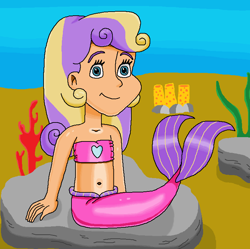 Size: 752x748 | Tagged: safe, artist:ocean lover, derpibooru import, princess skyla, human, mermaid, bandeau, bare shoulders, belly, belly button, blue eyes, boulder, child, coral, cute, female, fins, fish tail, happy, heart, human coloration, humanized, innocent, looking at you, mermaid princess, mermaid tail, mermaidized, mermay, midriff, ms paint, ocean, rock, sand, sitting, sleeveless, smiling, smiling at you, solo, species swap, sponge, strapless, tail, tail fin, two toned hair, underwater, water