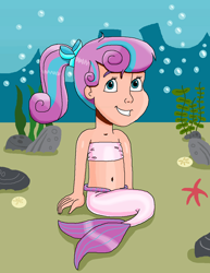 Size: 965x1250 | Tagged: safe, artist:ocean lover, derpibooru import, princess flurry heart, human, mermaid, bandeau, bare shoulders, belly, belly button, blue eyes, bow, bubble, cheerful, child, coral, cute, female, fins, fish tail, flurrybetes, hair bow, happy, human coloration, humanized, innocent, looking up, mermaid princess, mermaid tail, mermaidized, mermay, midriff, ms paint, ocean, ponytail, rock, sand, sitting, solo, species swap, starfish, strapless, tail, tail fin, two toned tail, underwater, water