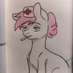 Size: 2909x2909 | Tagged: safe, artist:chacarron, derpibooru import, nurse redheart, earth pony, pony, cigarette, colored, hat, nurse, photo, smoking, solo, tired, traditional art