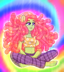 Size: 2685x3000 | Tagged: safe, artist:ponykittenboi, derpibooru exclusive, derpibooru import, tree hugger, equestria girls, barefoot, belly button, clothes, cross legged, dreadlocks, equestria girls-ified, feet, female, floating, flowing hair, glowing, lidded eyes, looking up, midriff, nail polish, pants, ponied up, pony ears, short shirt, solo, sparkles, sweatpants, tiedye, toenail polish