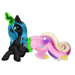 Size: 1300x1300 | Tagged: safe, artist:cakeshake22, derpibooru import, princess cadance, queen chrysalis, alicorn, changeling, changeling queen, pony, fake cadance, glowing, glowing horn, horn, mid-transformation, shapeshifting, simple background, solo, transparent background