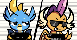 Size: 1396x720 | Tagged: safe, artist:derp pone, derpibooru import, gallus, smolder, dragon, griffon, barbie mugshot meme, cool, duo, duo male and female, female, frown, gallus is not amused, grin, male, meme, mugshot, smiling, sunglasses, unamused