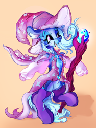 Size: 2400x3200 | Tagged: safe, artist:br0via, derpibooru import, trixie, semi-anthro, clothes, grin, magic staff, smiling, socks, solo, staff, stockings, thigh highs