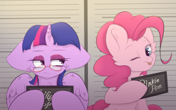 Size: 2183x1372 | Tagged: safe, artist:eventseem, derpibooru import, pinkie pie, twilight sparkle, twilight sparkle (alicorn), alicorn, earth pony, pony, barbie mugshot meme, big ears, duo, duo female, ears, female, glasses, impossibly large ears, looking at you, mare, meme, misleading thumbnail, mugshot, ponified, ponified meme