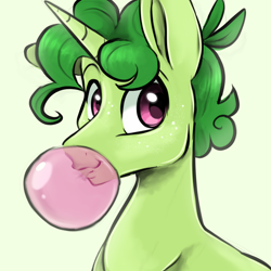 Size: 1280x1280 | Tagged: safe, artist:smirk, derpibooru import, oc, oc only, unicorn, bubble, bubblegum, curly hair, food, freckles, gum, male, simple background, solo, stallion, unnamed oc