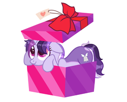 Size: 2500x2000 | Tagged: safe, artist:sarahsuresh-art, derpibooru import, oc, oc only, oc:dreaming bell, pony, unicorn, birthday, box, cute, female, horn, mare, ocbetes, pony in a box, simple background, transparent background, two toned coat, unicorn oc