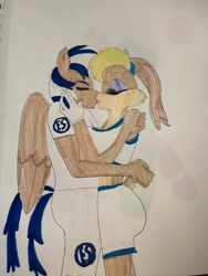 Size: 1536x2048 | Tagged: safe, artist:carlos324, derpibooru import, oc, oc only, oc:carlos, oc:lightning burn, anthro, pegasus, rabbit, animal, kiss on the lips, kissing, lola bunny, marker drawing, romantic, spacejam, traditional art