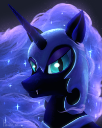 Size: 2000x2500 | Tagged: safe, artist:harukiicat, derpibooru import, nightmare moon, alicorn, pony, armor, bust, fangs, female, flowing mane, looking at you, mare, solo