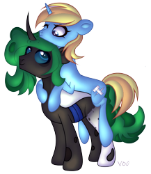 Size: 3549x4096 | Tagged: safe, artist:laceyscreations, derpibooru import, oc, oc only, oc:pincer, oc:skydreams, changeling, pony, unicorn, changeling proto-queen, commission, cute, duo, female, mare, simple background, snuggling, transparent background, ych result