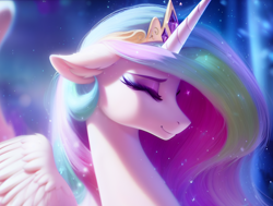 Size: 1502x1138 | Tagged: safe, ai content, derpibooru import, generator:stable diffusion, machine learning generated, princess celestia, alicorn, pony, bust, ears, eyes closed, floppy ears, royalty, solo