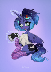 Size: 1300x1844 | Tagged: safe, artist:hattiezazu, derpibooru import, princess luna, alicorn, pony, clothes, controller, cross-popping veins, emanata, eye clipping through hair, gamer luna, leg warmers, looking at you, magic, open mouth, sitting, socks, solo, striped socks, telekinesis