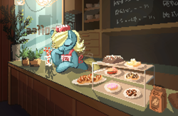 Size: 1920x1256 | Tagged: safe, artist:niehuaisang, derpibooru import, oc, oc only, earth pony, pony, apron, clothes, earth pony oc, eyes closed, food, hat, indoors, pastries, pixel art, potted plant, solo