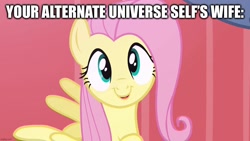 Size: 1280x720 | Tagged: safe, derpibooru import, edit, edited screencap, screencap, fluttershy, pegasus, pony, putting your hoof down, alternate universe, caption, cute, female, image macro, looking at you, mare, shyabetes, smiling, text, waifu, wife