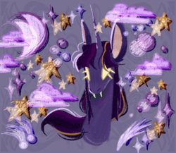 Size: 1153x1000 | Tagged: safe, artist:p0rk-guts, derpibooru import, twilight sparkle, alicorn, pony, cloud, comet, eyelashes, fangs, moon, solo, stars