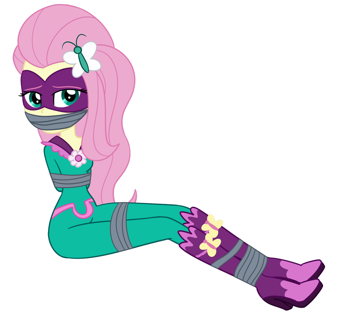 3369765 - suggestive, artist:splendidbondage, derpibooru import,  fluttershy, saddle rager, human, equestria girls, bondage, bound and gagged,  female, gag, power ponies, simple background, solo, tape, tape bondage, tied  up, transparent background ...