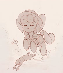 Size: 2982x3440 | Tagged: safe, artist:inkhooves, derpibooru import, apple bloom, earth pony, frog, pony, chase, clothes, eyes closed, female, filly, foal, hat, hopping, monochrome, puddle, rain, smiling