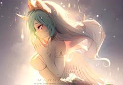 Size: 4096x2830 | Tagged: safe, artist:magnaluna, derpibooru import, princess celestia, anthro, breasts, clothes, evening gloves, female, gloves, long gloves, solo