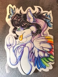 Size: 3000x4000 | Tagged: safe, artist:dankpegasista, derpibooru exclusive, derpibooru import, oc, oc only, oc:lunar dash, butterfly, insect, pegasus, pony, ;p, badge, bangs, big breasts, black and white, black and white mane, breasts, bust, chest fluff, colored, colored eyebrows, colored eyelashes, colored wings, cross, curly hair, drawing, ear fluff, ear piercing, ears, eyebrows, eyebrows visible through hair, face tattoo, feathered wings, female, female oc, folded wings, frog (hoof), full color, grayscale, green eyes, half body, heart, heart eyes, high res, highlights, hoof heart, inverted cross, long eyelashes, looking at you, mare, monochrome, multicolored wings, one eye closed, outline, pegasus oc, pencil drawing, photo, piercing, ponytail, portrait, rainbow wings, raised hoof, raised leg, shading, shiny hair, shiny mane, smiling, smiling at you, solo, tattoo, tongue, tongue out, tongue piercing, traditional art, underhoof, wall of tags, waving, waving at you, white coat, wingding eyes, wings, wink