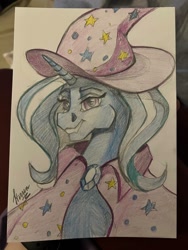 Size: 960x1280 | Tagged: safe, artist:stirren, derpibooru import, trixie, bust, cape, clothes, hat, portrait, traditional art