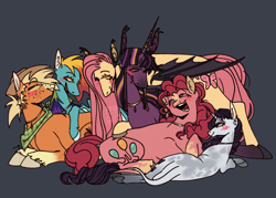 Size: 1200x860 | Tagged: safe, artist:p0rk-guts, derpibooru import, applejack, fluttershy, pinkie pie, rainbow dash, rarity, twilight sparkle, alicorn, bat pony, bat pony alicorn, earth pony, pegasus, pony, unicorn, alternate design, alternate versions at source, bandana, bat ponified, bat wings, blush lines, blushing, cowboy hat, ear piercing, ear tufts, earring, fangs, female, flutterbat, gray background, hat, heterochromia, horn, horn jewelry, jewelry, lesbian, looking at each other, looking at someone, mane six, necklace, omniship, piercing, polyamory, ponytail, race swap, redesign, ring, shipping, simple background, tail, tail ring, wings