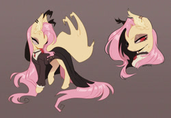 Size: 1280x887 | Tagged: safe, artist:morsyr, derpibooru import, fluttershy, bat pony, pony, undead, vampire, vampony, bat ponified, bat wings, brown background, bust, choker, clothes, duo, flutterbat, makeup, race swap, simple background, wings