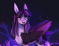 Size: 2017x1588 | Tagged: safe, artist:iheyyasyfox, derpibooru import, twilight sparkle, twilight sparkle (alicorn), alicorn, pony, body markings, chest fluff, colored horn, colored pupils, colored wings, constellation, countershading, draw this in your style, draw this twi by jsunlight, female, head turn, horn, large wings, leonine tail, mare, open mouth, open smile, signature, smiling, solo, starry eyes, starry horn, starry wings, stars, sternocleidomastoid, tail, two toned wings, wingding eyes, wings