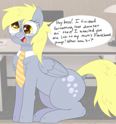 Size: 3000x3200 | Tagged: safe, artist:mclovin, derpibooru import, derpy hooves, pegasus, pony, chest fluff, dock, female, glasses, mare, necktie, sitting, smiling, speech bubble, tail, text