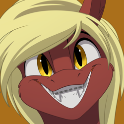 Size: 1000x1000 | Tagged: artist needed, source needed, safe, derpibooru import, oc, oc:picture perfect, bat pony, pony, braces, bust, cute, fangs, female, golden eyes, looking at you, ocbetes, sharp teeth, smiling, solo, teeth