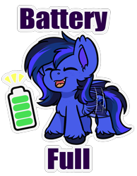 Size: 831x1069 | Tagged: safe, artist:rokosmith26, derpibooru import, oc, oc:guard cobalt flash, bat pony, pony, battery, chest fluff, commission, ears, eyes closed, floppy ears, happy, open mouth, simple background, social battery, solo, standing, transparent background, wings, ych result